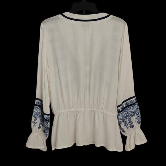 Boston Proper Embroidered Peasant Top Size Small White Blue Lace Up Boho Beachy - Picture 6 of 9